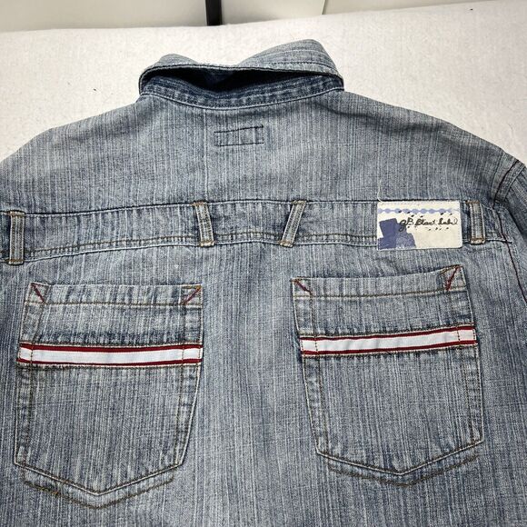 GB Black Label Men's Large Denim Jean Jacket Light Blue Distressed Metal Buttons - Picture 10 of 12